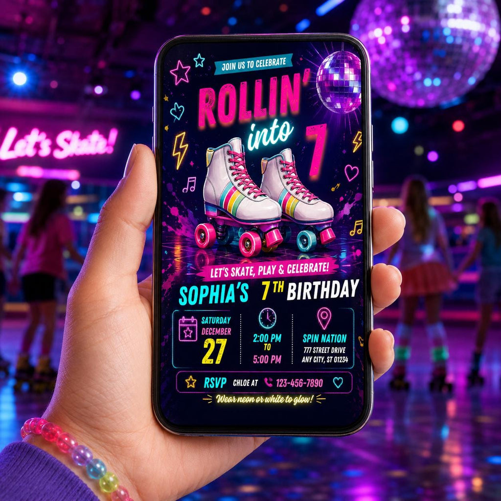 Editable Skate Birthday Invitation Canva Template, Pastel Neon Kids Skate Cute Modern Fun DIY Chic Party Invite, Printable Digital Download.