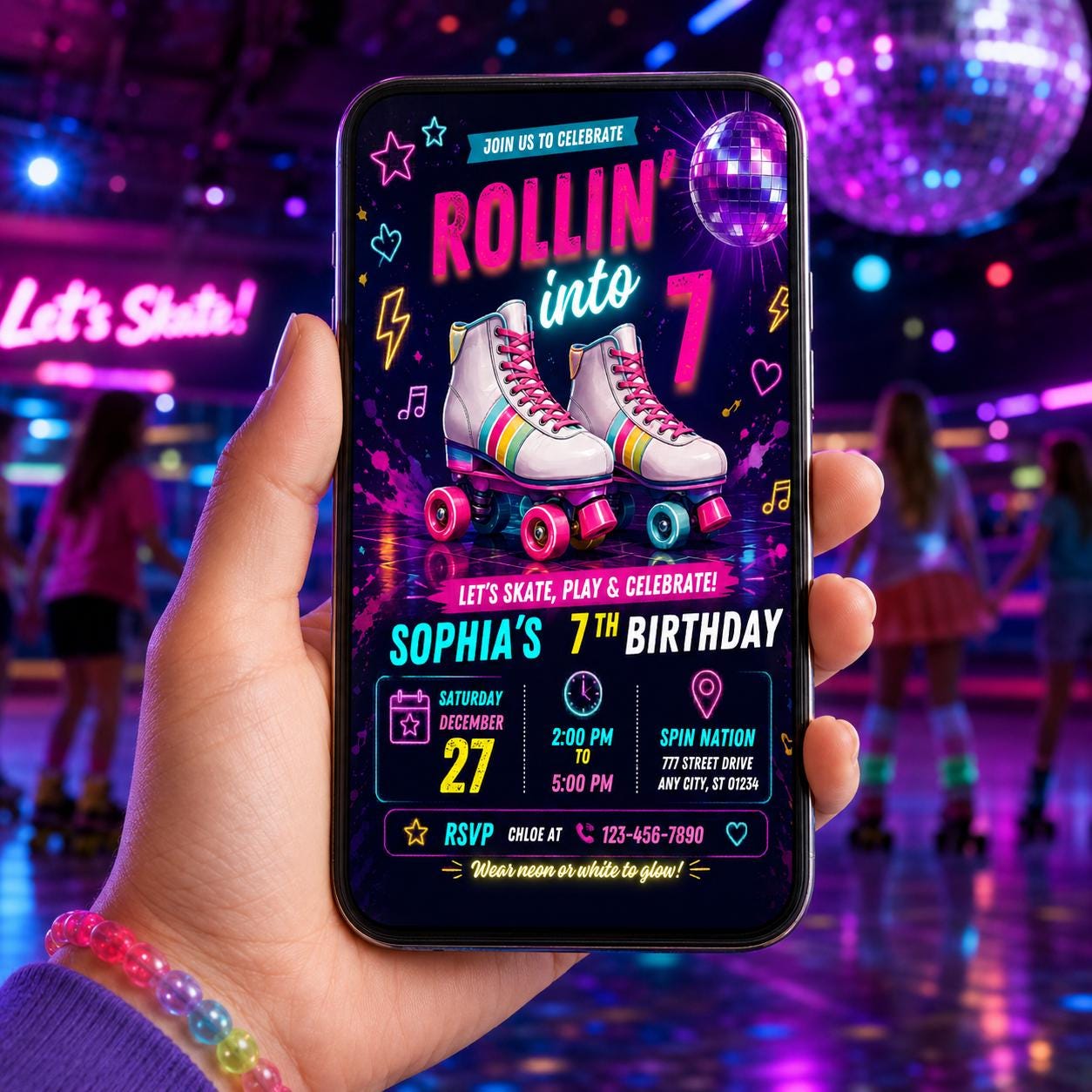Editable Skate Birthday Invitation Canva Template, Pastel Neon Kids Skate Cute Modern Fun DIY Chic Party Invite, Printable Digital Download.