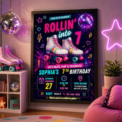 Editable Skate Birthday Invitation Canva Template, Pastel Neon Kids Skate Cute Modern Fun DIY Chic Party Invite, Printable Digital Download.