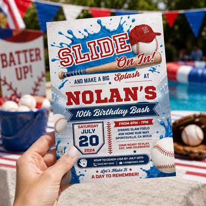Editable Baseball Pool Birthday Invitation Canva Template, Boys Pool Cute Modern Fun DIY Chic Kids Party Invite, Printable Digital Download.