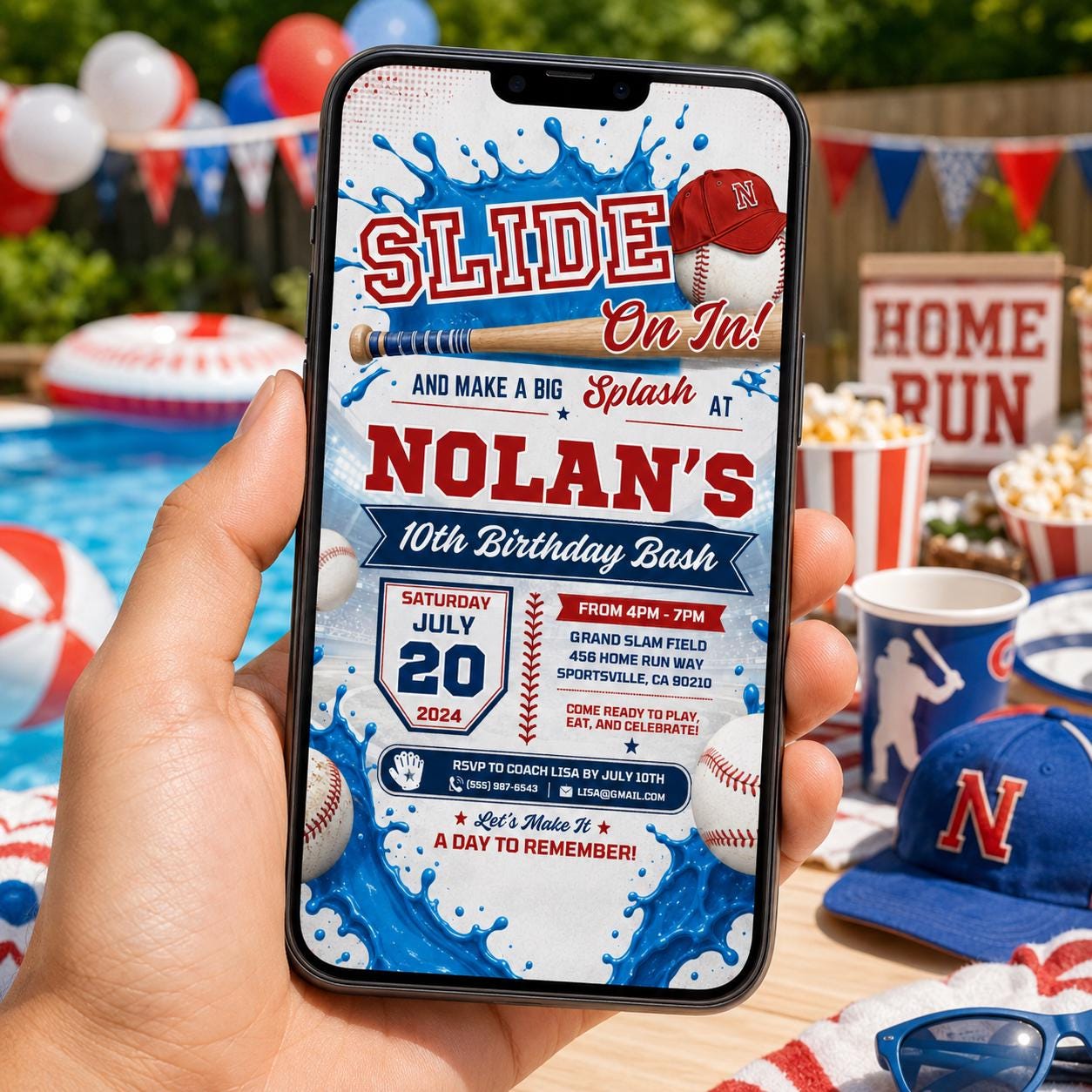 Editable Baseball Pool Birthday Invitation Canva Template, Boys Pool Cute Modern Fun DIY Chic Kids Party Invite, Printable Digital Download.
