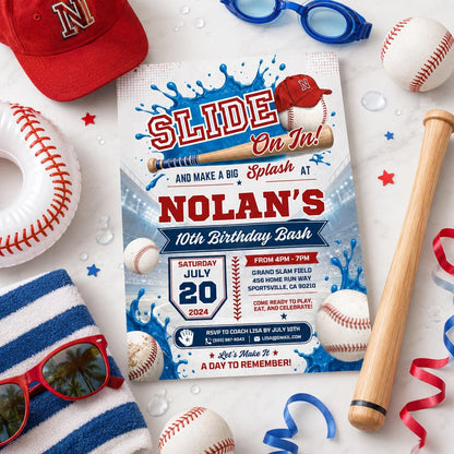 Editable Baseball Pool Birthday Invitation Canva Template, Boys Pool Cute Modern Fun DIY Chic Kids Party Invite, Printable Digital Download.