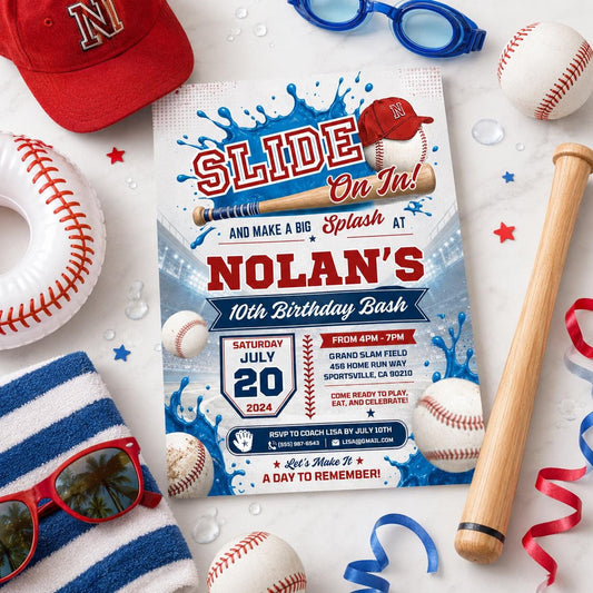 Editable Baseball Pool Birthday Invitation Canva Template, Boys Pool Cute Modern Fun DIY Chic Kids Party Invite, Printable Digital Download.