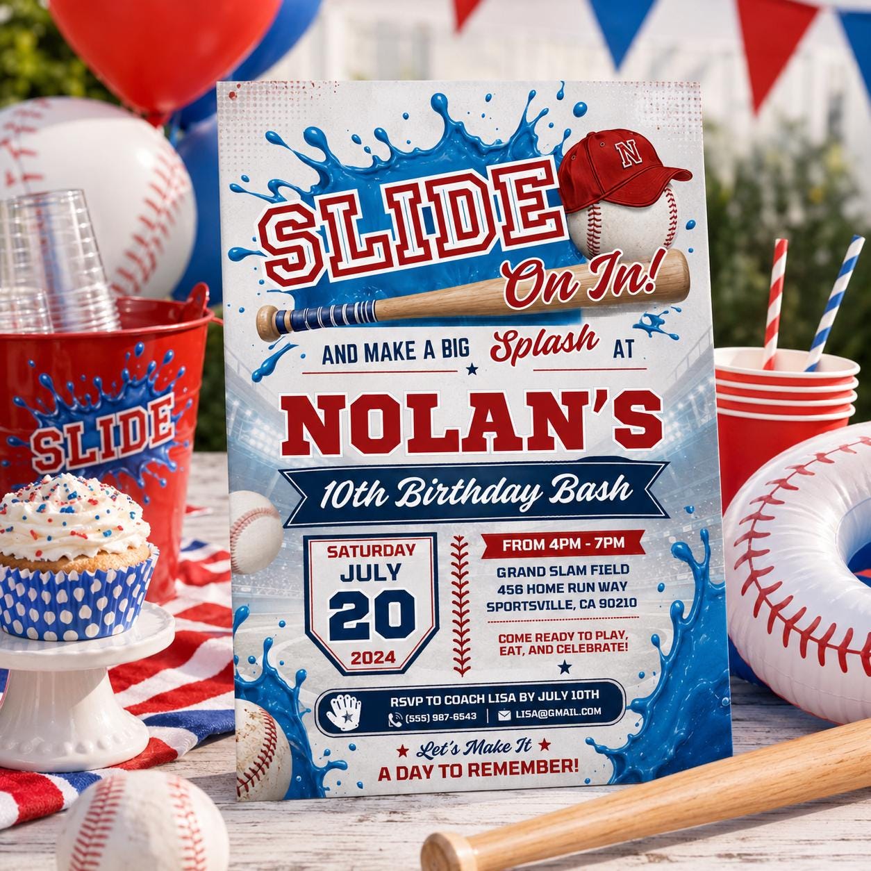 Editable Baseball Pool Birthday Invitation Canva Template, Boys Pool Cute Modern Fun DIY Chic Kids Party Invite, Printable Digital Download.