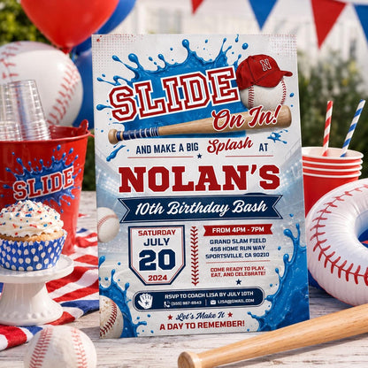 Editable Baseball Pool Birthday Invitation Canva Template, Boys Pool Cute Modern Fun DIY Chic Kids Party Invite, Printable Digital Download.