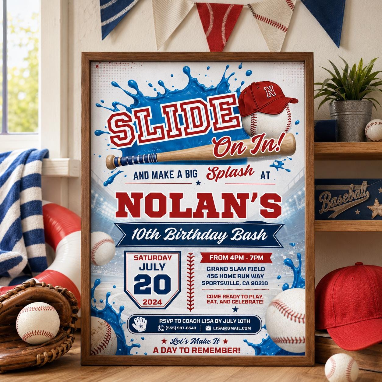 Editable Baseball Pool Birthday Invitation Canva Template, Boys Pool Cute Modern Fun DIY Chic Kids Party Invite, Printable Digital Download.