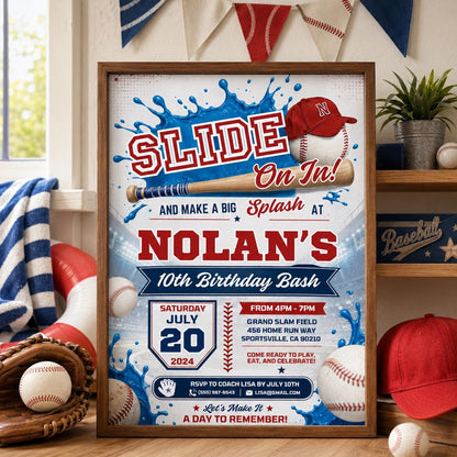 Editable Baseball Pool Birthday Invitation Canva Template, Boys Pool Cute Modern Fun DIY Chic Kids Party Invite, Printable Digital Download.