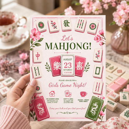 Editable Mahjong Game Night Invitation Canva Template, Girls Adult Cute Fun DIY Sweet Chic Kids Teen Tween Party Printable Digital Download.