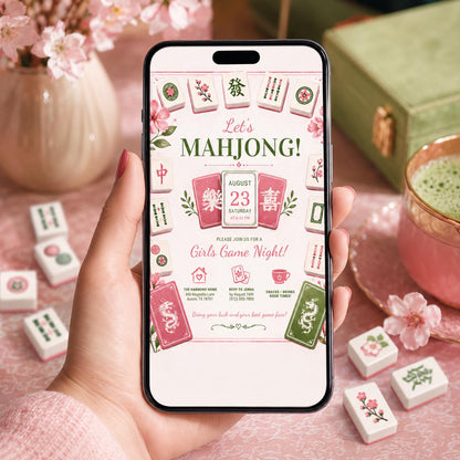 Editable Mahjong Game Night Invitation Canva Template, Girls Adult Cute Fun DIY Sweet Chic Kids Teen Tween Party Printable Digital Download.
