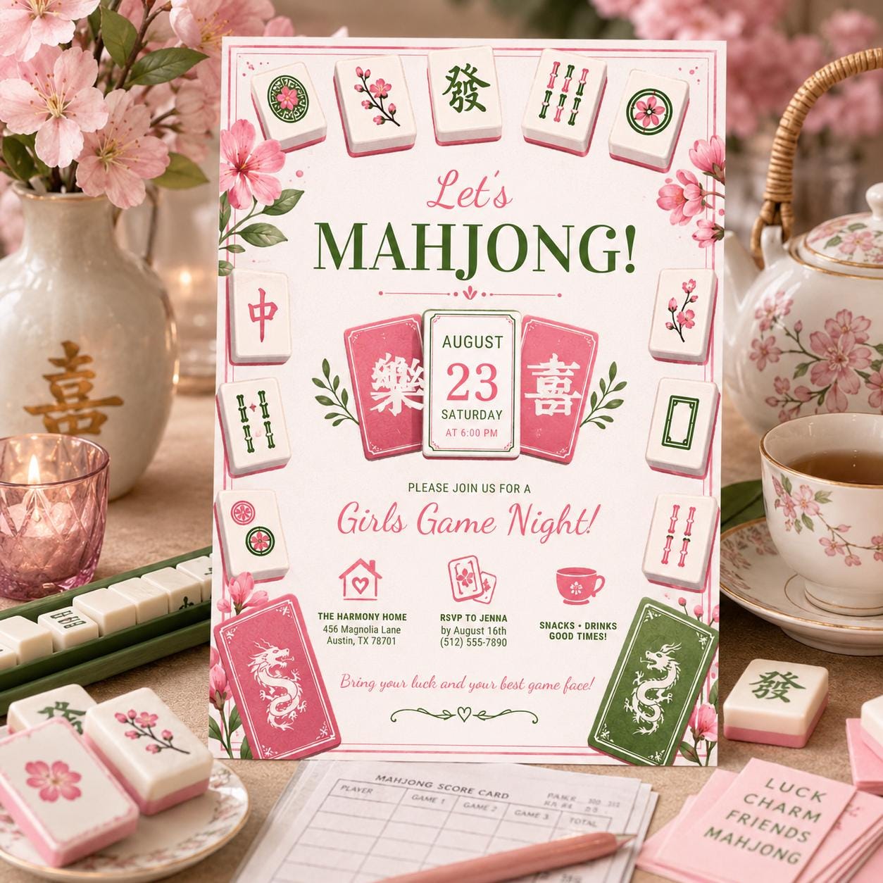 Editable Mahjong Game Night Invitation Canva Template, Girls Adult Cute Fun DIY Sweet Chic Kids Teen Tween Party Printable Digital Download.