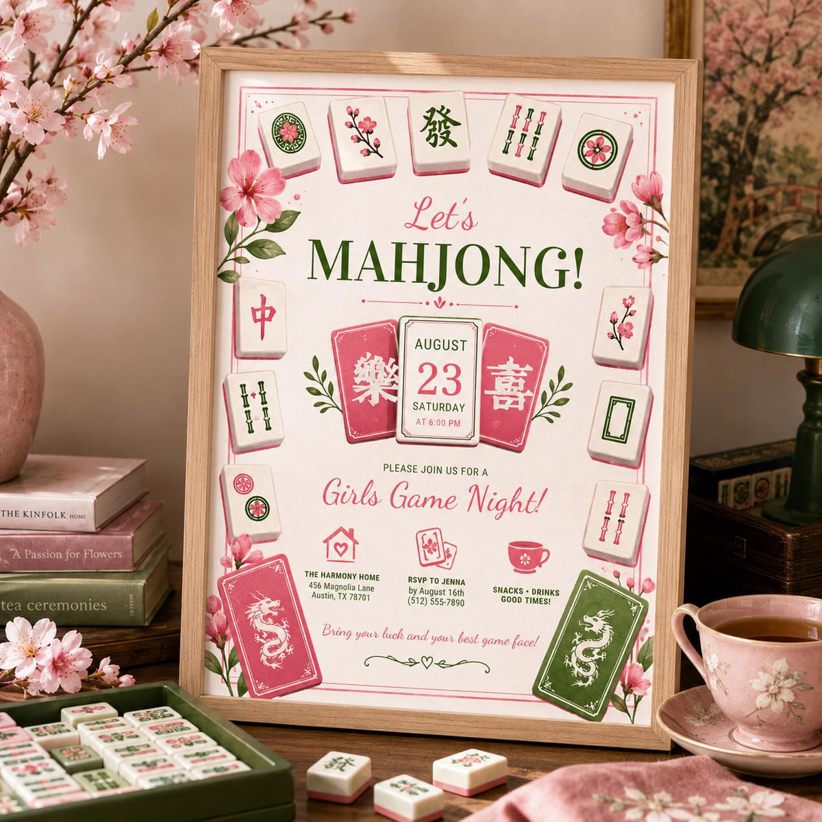 Editable Mahjong Game Night Invitation Canva Template, Girls Adult Cute Fun DIY Sweet Chic Kids Teen Tween Party Printable Digital Download.