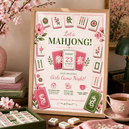 Editable Mahjong Game Night Invitation Canva Template, Girls Adult Cute Fun DIY Sweet Chic Kids Teen Tween Party Printable Digital Download.