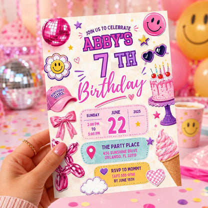 Editable 6-7 Birthday Invitation Canva Template, Red Kids Teens Cute Fun DIY Sweet Chic Teen Tween Party Invite, Printable Digital Download.