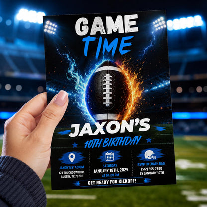 Editable Football Birthday Invitation Canva Template, Gold Black Neon Boys Sport Cute Fun DIY Chic Party Invite, Printable Digital Download.