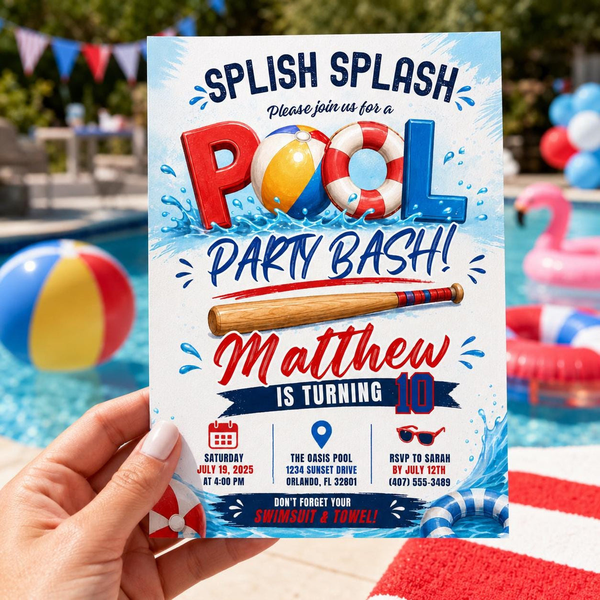Editable Baseball Pool Birthday Invitation Canva Template, Boys Pool Cute Modern Fun DIY Chic Kids Party Invite, Printable Digital Download.
