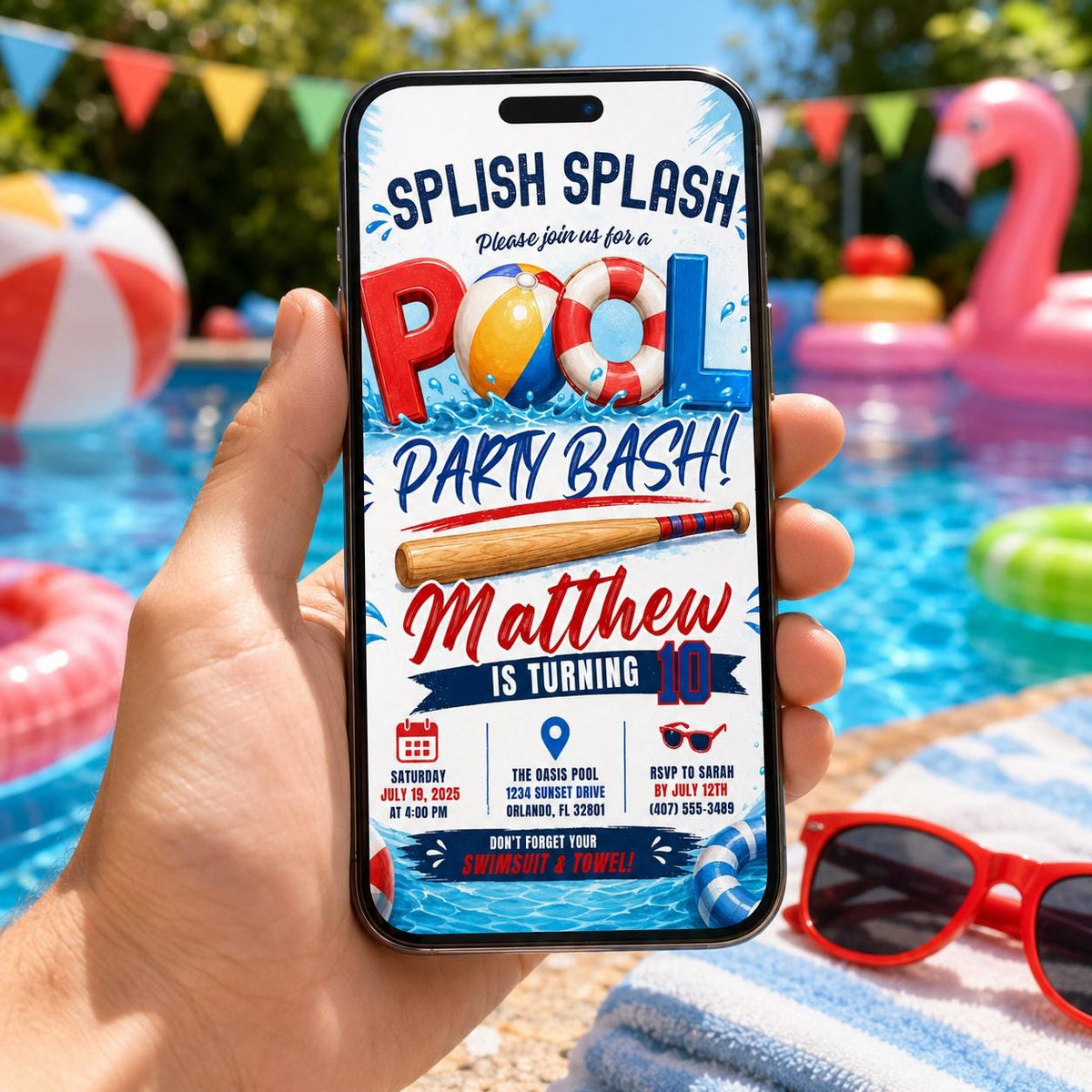 Editable Baseball Pool Birthday Invitation Canva Template, Boys Pool Cute Modern Fun DIY Chic Kids Party Invite, Printable Digital Download.