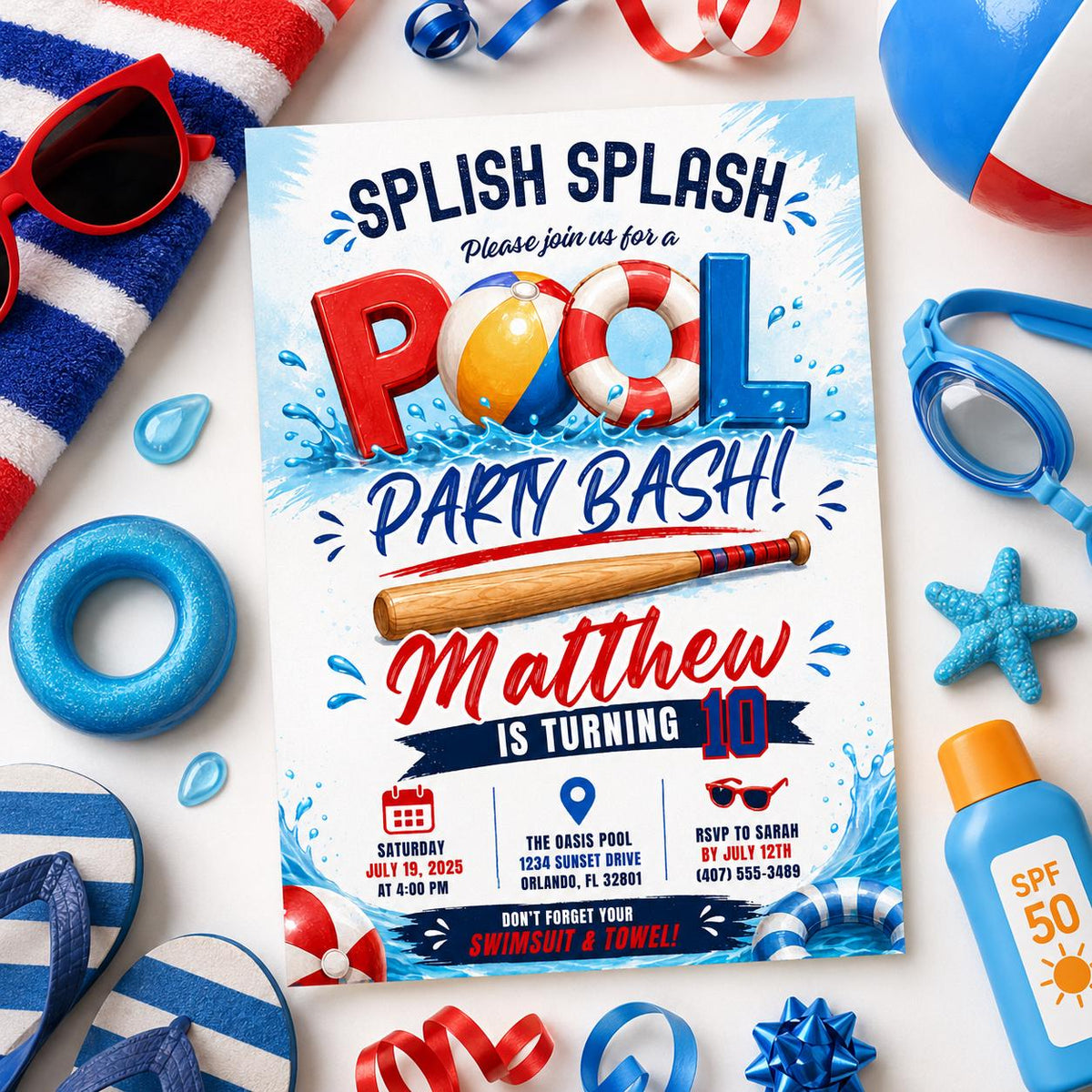 Editable Baseball Pool Birthday Invitation Canva Template, Boys Pool Cute Modern Fun DIY Chic Kids Party Invite, Printable Digital Download.