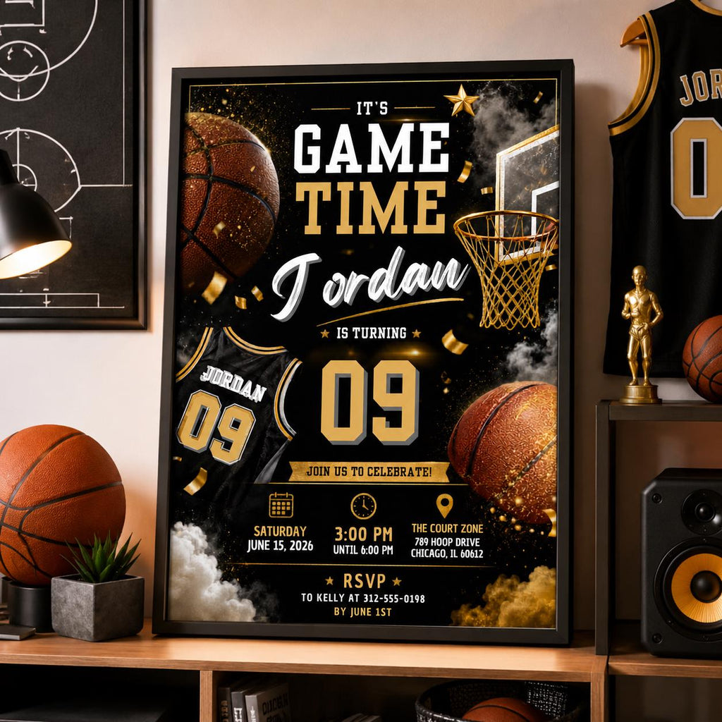 Editable Basketball Birthday Invitation Canva Template, Gold Black Luxury Sport Cute Fun DIY Sweet Party Invite, Printable Digital Download.