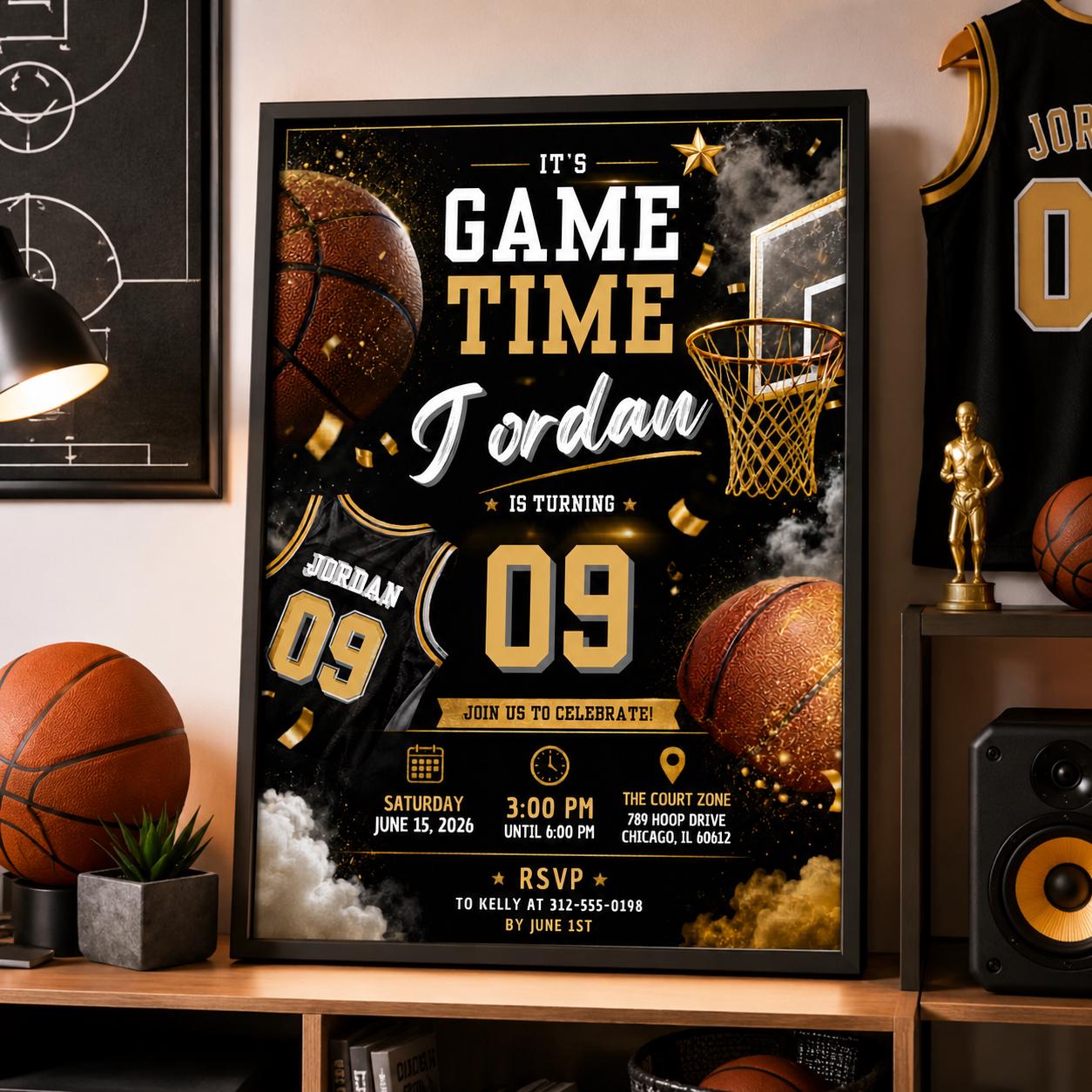 Editable Basketball Birthday Invitation Canva Template, Gold Black Luxury Sport Cute Fun DIY Sweet Party Invite, Printable Digital Download.