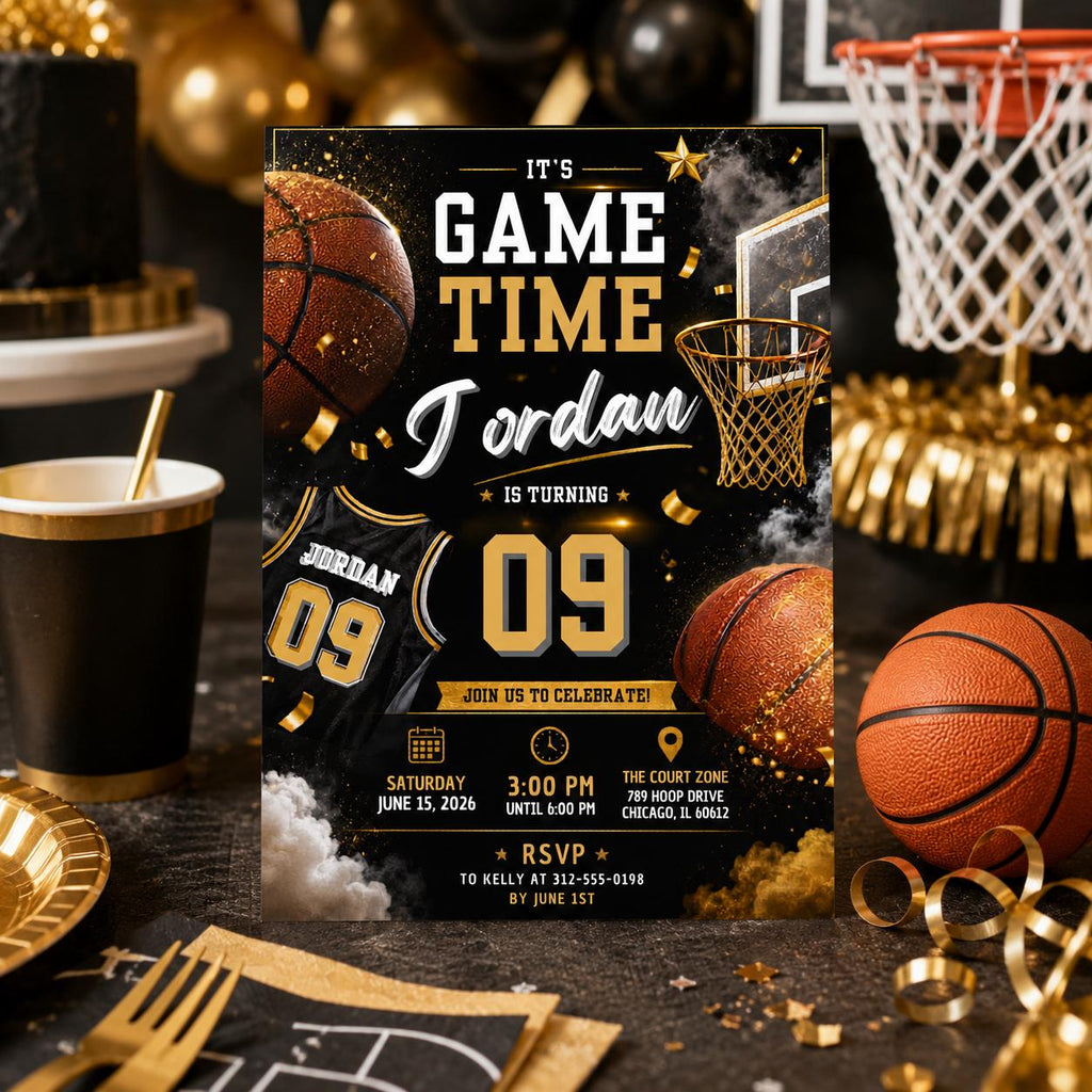 Editable Basketball Birthday Invitation Canva Template, Gold Black Luxury Sport Cute Fun DIY Sweet Party Invite, Printable Digital Download.