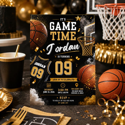 Editable Basketball Birthday Invitation Canva Template, Gold Black Luxury Sport Cute Fun DIY Sweet Party Invite, Printable Digital Download.