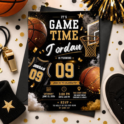 Editable Basketball Birthday Invitation Canva Template, Gold Black Luxury Sport Cute Fun DIY Sweet Party Invite, Printable Digital Download.