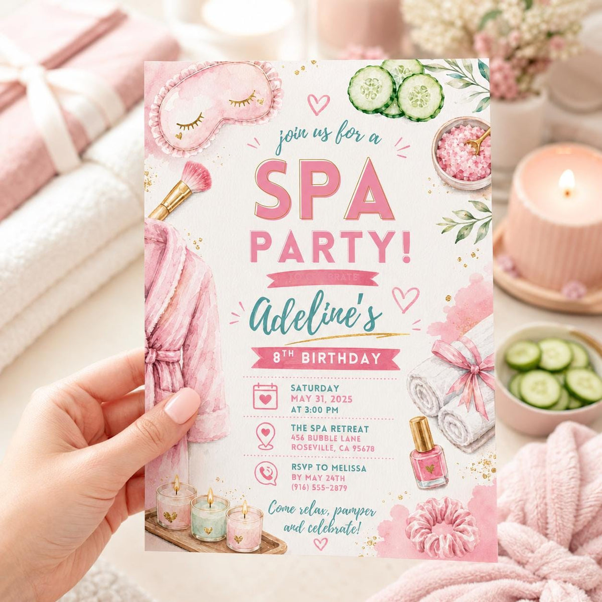 Editable Spa Birthday Invitation Canva Template, Girls Spa Cute Fun DIY Sweet Chic Kids Teen Tween Party Invite, Printable Digital Download.