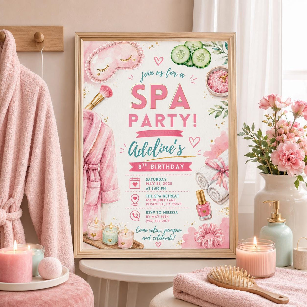 Editable Spa Birthday Invitation Canva Template, Girls Spa Cute Fun DIY Sweet Chic Kids Teen Tween Party Invite, Printable Digital Download.