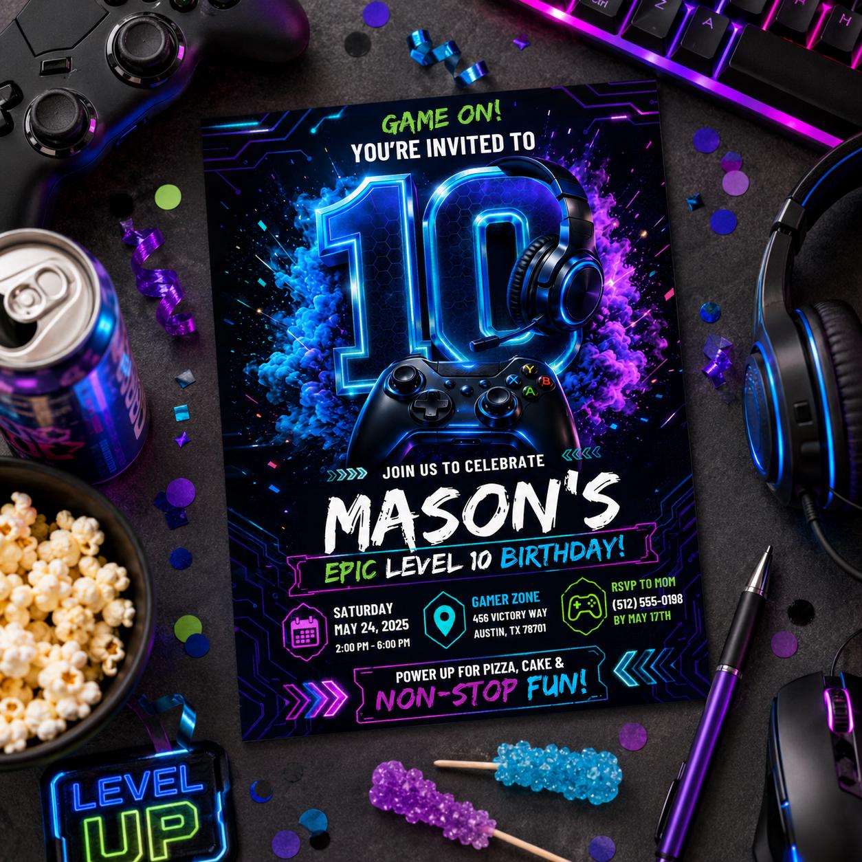 Editable Gamer Birthday Invitation Canva Template, Neon Boys Kids Gamer Cute Modern Fun Themed DIY Party Invite, Printable Digital Download.