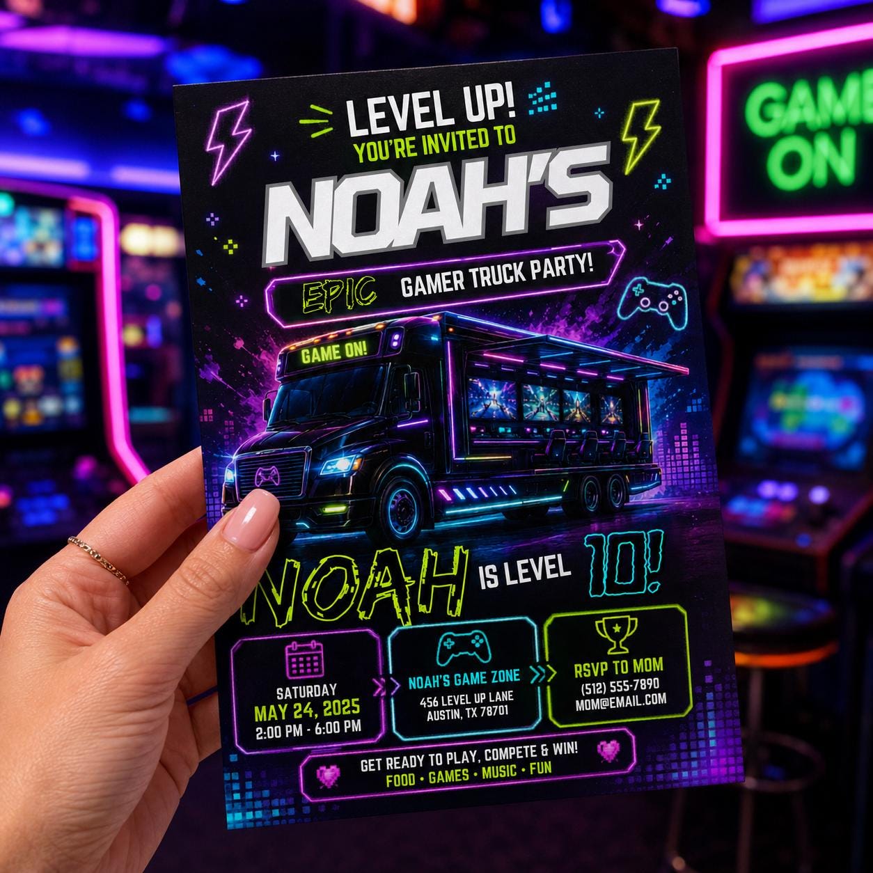 Editable Neon Glow Birthday Invitation Canva Template, Boys Neon Cute Fun DIY Sweet Chic Kids Teen Party Invite, Printable Digital Download.