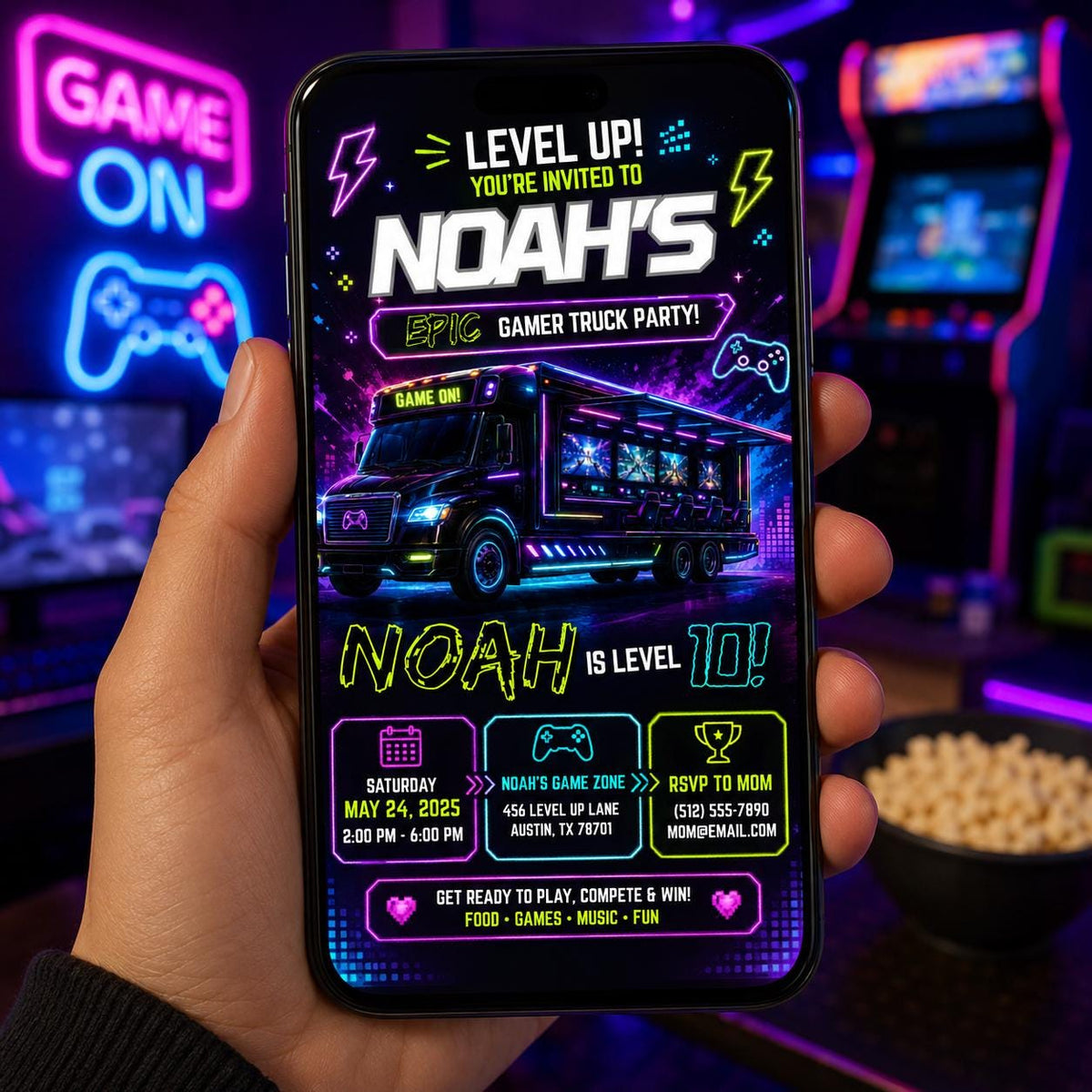 Editable Neon Glow Birthday Invitation Canva Template, Boys Neon Cute Fun DIY Sweet Chic Kids Teen Party Invite, Printable Digital Download.