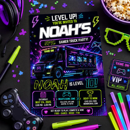 Editable Neon Glow Birthday Invitation Canva Template, Boys Neon Cute Fun DIY Sweet Chic Kids Teen Party Invite, Printable Digital Download.