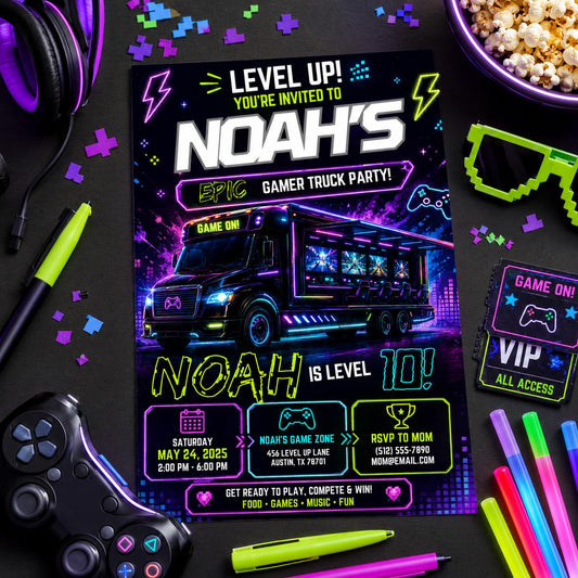 Editable Neon Glow Birthday Invitation Canva Template, Boys Neon Cute Fun DIY Sweet Chic Kids Teen Party Invite, Printable Digital Download.