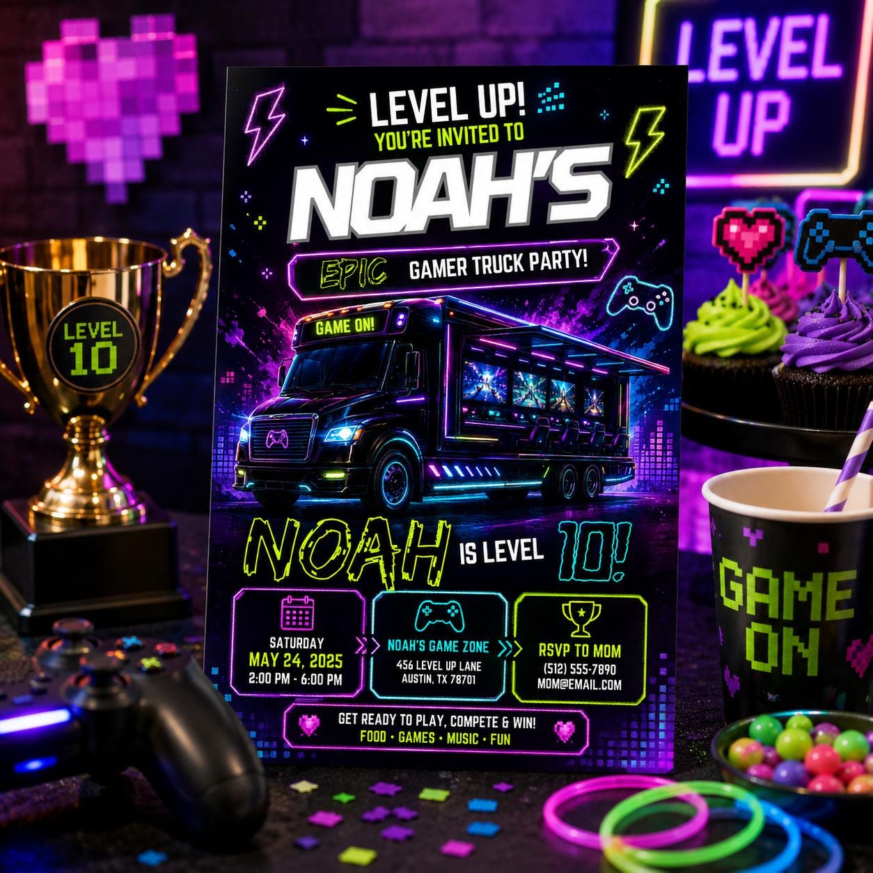Editable Neon Glow Birthday Invitation Canva Template, Boys Neon Cute Fun DIY Sweet Chic Kids Teen Party Invite, Printable Digital Download.