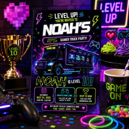 Editable Neon Glow Birthday Invitation Canva Template, Boys Neon Cute Fun DIY Sweet Chic Kids Teen Party Invite, Printable Digital Download.