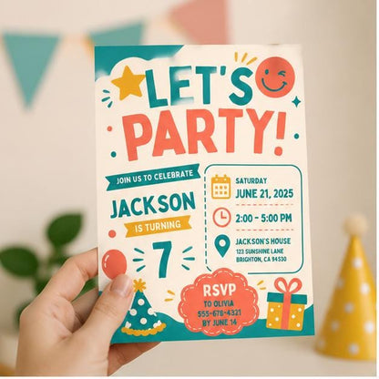 Editable Retro Birthday Invitation Canva Template, Blue Red Boys Kids Retro Cute Fun DIY Chic Teen Party Invite, Printable Digital Download.