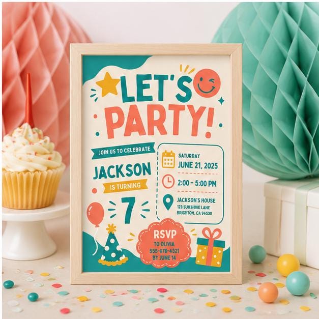 Editable Retro Birthday Invitation Canva Template, Blue Red Boys Kids Retro Cute Fun DIY Chic Teen Party Invite, Printable Digital Download.