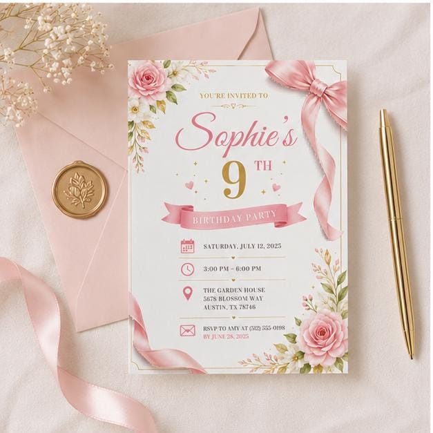 Editable Pink Bow Birthday Invitation Canva Template, Cute Girls Teens Bow Fun DIY Sweet Chic Kids Party Invite, Printable Digital Download.
