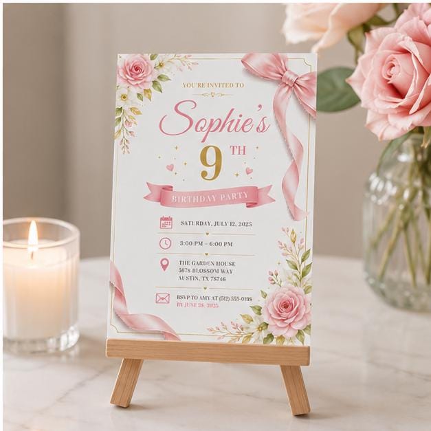 Editable Pink Bow Birthday Invitation Canva Template, Cute Girls Teens Bow Fun DIY Sweet Chic Kids Party Invite, Printable Digital Download.