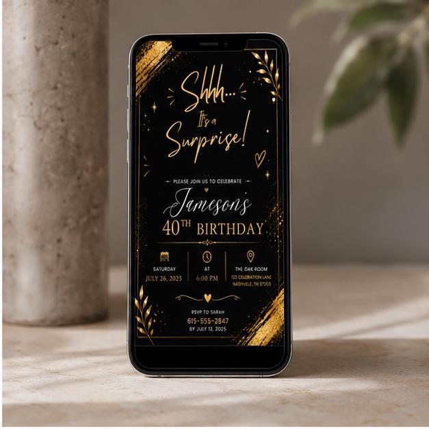 Editable Surprise Birthday Invitation Canva Template, Gold Black Adult Cute Fun DIY Chic Kids Teen Party Invite, Printable Digital Download.