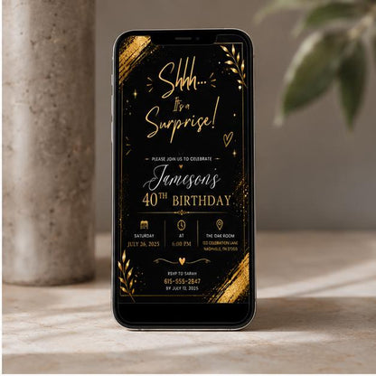 Editable Surprise Birthday Invitation Canva Template, Gold Black Adult Cute Fun DIY Chic Kids Teen Party Invite, Printable Digital Download.