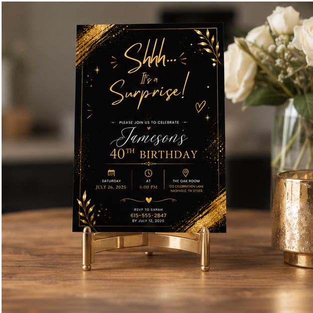 Editable Surprise Birthday Invitation Canva Template, Gold Black Adult Cute Fun DIY Chic Kids Teen Party Invite, Printable Digital Download.