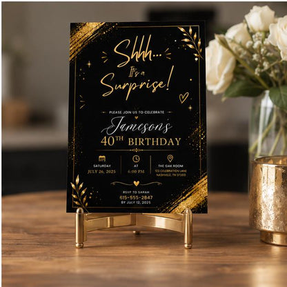 Editable Surprise Birthday Invitation Canva Template, Gold Black Adult Cute Fun DIY Chic Kids Teen Party Invite, Printable Digital Download.