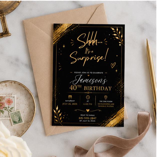 Editable Surprise Birthday Invitation Canva Template, Gold Black Adult Cute Fun DIY Chic Kids Teen Party Invite, Printable Digital Download.