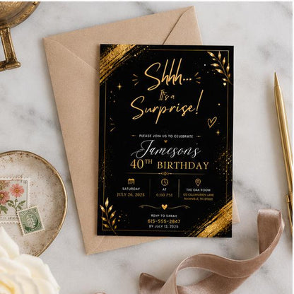 Editable Surprise Birthday Invitation Canva Template, Gold Black Adult Cute Fun DIY Chic Kids Teen Party Invite, Printable Digital Download.