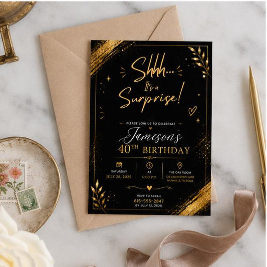 Editable Surprise Birthday Invitation Canva Template, Gold Black Adult Cute Fun DIY Chic Kids Teen Party Invite, Printable Digital Download.