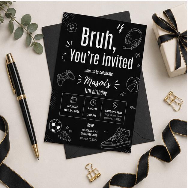 Editable Gamer Birthday Invitation Canva Template, Black White Modern Boys Teens Cute Fun DIY Chic Party Invite, Printable Digital Download.