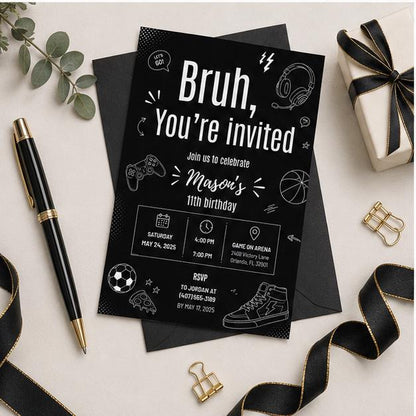Editable Gamer Birthday Invitation Canva Template, Black White Modern Boys Teens Cute Fun DIY Chic Party Invite, Printable Digital Download.