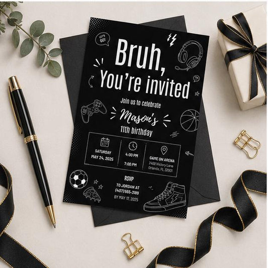 Editable Gamer Birthday Invitation Canva Template, Black White Modern Boys Teens Cute Fun DIY Chic Party Invite, Printable Digital Download.