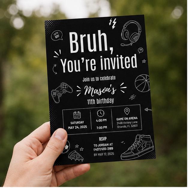 Editable Gamer Birthday Invitation Canva Template, Black White Modern Boys Teens Cute Fun DIY Chic Party Invite, Printable Digital Download.